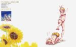  all_fours angry barefoot bikini blonde_hair brother_and_sister closed_eyes covering_head flower hair_ornament hair_ribbon hairclip highres kagamine_len kagamine_rin open_mouth ribbon short_hair siblings sunflower swimsuit translation_request twins vocaloid wokada 