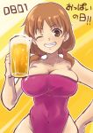  1girl alcohol beer beer_mug breasts brown_hair cleavage grin idolmaster idolmaster_cinderella_girls katagiri_sanae large_breasts looking_at_viewer magnetic one-piece_swimsuit one_eye_closed smile solo swimsuit translation_request twintails 