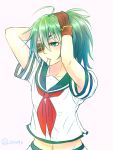  1girl adjusting_hair ahoge alternate_hairstyle aqua_eyes armpits eyepatch gloves green_hair kantai_collection kiso_(kantai_collection) midriff mouth_hold navel ponytail ruuto_(ruto3) solo 