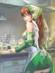  1girl adapted_costume alternate_color apron brown_hair green_eyes knife long_hair puzzle_&amp;_dragons scotishfold thigh-highs valkyrie_(p&amp;d) vegetable wings 
