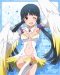  1girl ;d artist_request blue_background blue_hair brown_eyes harpy idolmaster idolmaster_million_live! kitakami_reika monster_girl official_art one_eye_closed open_mouth smile thigh-highs twintails 