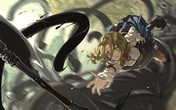  1girl :o axe blonde_hair blouse boots braid elona falling hair_ribbon motion_blur ribbon rueken shena_the_draw shocked_eyes skirt spiral_king_(elona) tentacles twin_braids weapon 