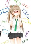  1girl brown_eyes brown_hair glasses hair_ornament hair_ribbon hand_on_glasses long_hair looking_at_viewer love_live!_school_idol_project minami_kotori necktie pleated_skirt ribbon sasahara_wakaba school_uniform side_ponytail skirt smile solo tagme 