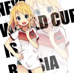  1girl 2014_fifa_world_cup :d aqua_eyes ayase_eli blonde_hair hair_ornament hand_on_hip looking_at_viewer love_live!_school_idol_project open_mouth ponytail sasahara_wakaba smile soccer_uniform solo sportswear tagme text world_cup zoom_layer 