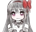  1girl akemi_homura akuma_homura bare_shoulders black_gloves black_hair blush bow choker dress elbow_gloves embarrassed fc_(efushii) gloves hair_bow long_hair looking_at_viewer lowres mahou_shoujo_madoka_magica mahou_shoujo_madoka_magica_movie portrait simple_background solo spoilers tearing_up violet_eyes wavy_mouth white_background 