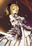  1girl ahoge armor armored_dress baifeng bare_shoulders blonde_hair bow detached_sleeves dress fate/unlimited_codes fate_(series) gauntlets green_eyes hair_bow long_hair ponytail saber saber_lily solo sword weapon 