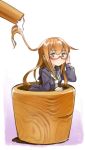  1girl adjusting_glasses brown_eyes brown_hair commentary food glasses kantai_collection long_hair looking_at_viewer mochi mochizuki_(kantai_collection) multiple_girls nonco red-framed_glasses school_uniform serafuku signature solo wagashi 