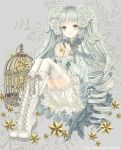  1girl :d bloomers boots drill_hair flower flower_on_head frilled_skirt frills grey_eyes hair_ornament kotobuki-a lolita_fashion long_hair looking_at_viewer open_mouth original silver_hair sitting skirt smile solo tagme twin_drills twintails underwear very_long_hair white_legwear 