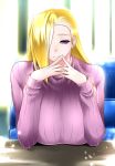  1girl absurdres blue_eyes breasts bust hair_over_one_eye highres huge_breasts looking_at_viewer megatama original pov_across_table ribbed_sweater sitting smile solo sweater turtleneck turtleneck_sweater 