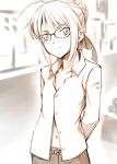  1girl absurdres ahoge bespectacled fate/stay_night fate_(series) glasses green_eyes hair_bun highres muted_color saber smile solo uraomote 
