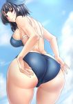  1girl adjusting_clothes adjusting_swimsuit ass black_hair breasts hat kantai_collection kinntarou large_breasts looking_back red_eyes short_hair takao_(kantai_collection) 