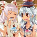  2girls bare_shoulders blue_dress blue_hair bow bowl bust collarbone colored_tongue dress earrings fujiwara_no_mokou hair_bow hat jewelry kamishirasawa_keine long_hair multiple_girls open_mouth red_eyes shaved_ice shinoasa shirt silver_hair sleeveless sleeveless_dress sleeveless_shirt smile spoon suspenders tongue tongue_out touhou 