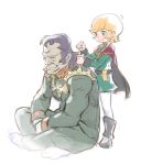  1boy 1girl blonde_hair cape closed_eyes dozle_zabi father_and_daughter green_eyes gundam massage military military_uniform mineva_lao_zabi mobile_suit_gundam muuten pantyhose purple_hair scar short_hair tears uniform 