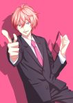  aikabocha blush formal free! future_fish male necktie open_mouth pink_hair pointing shigino_kisumi short_hair smile suit sunglasses sunglasses_removed violet_eyes 
