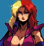  1girl blonde_hair blue_eyes breasts center_opening chara_soon cleavage elbow_gloves eyeshadow gloves gundam gundam_zz large_breasts lips lipstick long_hair makeup multicolored_hair no_bra redhead shoulder_pads solo two-tone_hair yamane-08low 