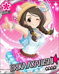  akanishi_erika armpits belt blush braids brown_hair character_name hat idolmaster idolmaster_cinderella_girls long_hair ribbon smile stars twintails wink 