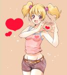  1girl :d belt blonde_hair fresh_precure! heart heart_hands highres momozono_love mound_of_venus naokado no_panties open_mouth pink_eyes precure sepia_background shirt short_hair short_twintails shorts sleeveless sleeveless_shirt smile solo twintails 