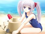  1girl beach cat female game_cg long_hair looking_at_viewer pointy_ears primula purple_eyes purple_hair sand sand_castle school_swimsuit shovel shuffle solo swimsuit twintails water 