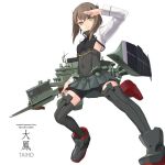  1girl bike_shorts brown_eyes brown_hair flat_chest headband headgear kantai_collection looking_at_viewer pleated_skirt rokuwata_tomoe short_hair simple_background skirt solo taihou_(kantai_collection) thigh-highs white_background 