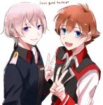  2boys blue_eyes brown_hair english kakumeiki_valvrave l-elf military military_uniform multiple_boys necktie open_mouth sana423 short_hair silver_hair smile tokishima_haruto uniform v violet_eyes white_background 