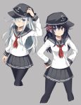  2girls 501092-taka :t akatsuki_(kantai_collection) anger_vein black_hair blue_eyes hair_over_one_eye hands_on_hips hat hibiki_(kantai_collection) highres kantai_collection looking_at_viewer multiple_girls neckerchief open_mouth pantyhose pout school_uniform serafuku silver_hair skirt 