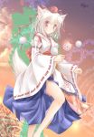  1girl animal_ears bare_legs bare_shoulders blush detached_sleeves hat inubashiri_momiji kourindou_tengu_costume looking_at_viewer open_mouth pom_pom_(clothes) red_eyes short_hair signature silver_hair solo tail tokin_hat touhou wolf_ears wolf_tail 