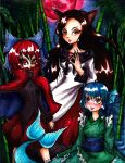  3girls animal_ears ayato_nyaa bamboo bamboo_forest blue_eyes blue_hair blush bow cape covered_mouth dress facepaint forest full_moon hair_bow head_fins highres imaizumi_kagerou japanese_clothes kimono long_hair mermaid monster_girl moon multiple_girls nature night red_eyes red_moon redhead sekibanki shirt short_hair skirt sky star_(sky) starry_sky touhou wakasagihime wolf_ears 