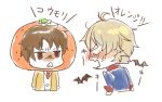  2boys aldnoah.zero anger_vein angry bat belt blush brown_eyes brown_hair costume food fruit kaizuka_inaho multiple_boys necktie orange school_uniform short_hair silver_hair slaine_troyard sweater_vest translated uniform 