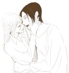  2girls christa_renz closed_eyes couple freckles hands_on_another&#039;s_face holding incipient_kiss long_sleeves monochrome multiple_girls open_mouth shingeki_no_kyojin shirt short_hair umi_zenbiraki very_short_hair ymir_(shingeki_no_kyojin) yuri 