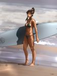  1girl avatar:_the_last_airbender barefoot beach bikini blue_eyes breasts brown_hair dark_skin darren_geers hair_tubes highres korra legend_of_korra long_hair navel sideboob smile solo strap_gap surfboard swimsuit toned topknot 