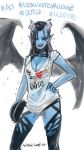  1girl agito666 akasha_the_queen_of_pain black_hair blue_skin bucket defense_of_the_ancients demon_girl demon_wings dota_2 hand_on_hip highres horns long_hair looking_at_viewer one_eye_closed pointy_ears red_eyes shirt smile solo wet wet_clothes wet_shirt wings 