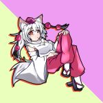  1girl alternate_hairstyle animal_ears bare_shoulders blush breasts crossed_legs detached_sleeves geta hat inubashiri_momiji long_hair looking_at_viewer open_mouth pom_pom_(clothes) ponytail red_eyes silver_hair solo tail tokin_hat touhou wolf_ears wolf_tail 