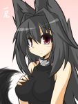  1girl animal_ears bare_shoulders black_hair blush breast_suppress breasts collar collarbone commentary_request fox_ears fox_tail gomasamune hair_intakes hand_on_own_breasts hand_on_own_chest long_hair looking_at_viewer original red_eyes sleeveless sleeveless_shirt smile solo tagme tail taut_clothes taut_shirt translation_request 