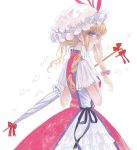  1girl adapted_costume alternate_color blonde_hair bow braid dress earrings frills gloves hair_bow hat hat_ribbon jewelry lace lipstick makeup parasol petals profile ribbon short_sleeves solo tabard takatora touhou umbrella white_dress white_gloves yakumo_yukari 