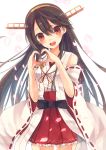  1girl :d black_hair brown_eyes detached_sleeves hairband haruka_(reborn) haruna_(kantai_collection) heart heart_hands kantai_collection long_hair looking_at_viewer nontraditional_miko open_mouth petals pleated_skirt ribbon-trimmed_sleeves ribbon_trim skirt smile solo tagme wide_sleeves 