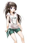  1girl absurdres black_hair blossomsa blue_eyes highres long_hair looking_at_viewer original ponytail shorts smile solo t-shirt white_background 