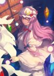  1girl book bookshelf crescent crystal hat highres llc long_hair looking_at_viewer patchouli_knowledge purple_hair smile solo touhou violet_eyes 