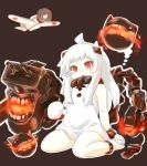  1girl ahoge airplane anklet bare_shoulders blush dress fire highres horns jewelry kantai_collection long_hair machinery mittens northern_ocean_hime open_mouth outline pale_skin red_eyes s_katsuo shinkaisei-kan sitting sleeveless sleeveless_dress solo turret wariza white_dress white_hair white_skin 