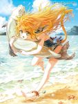  1girl animal_ears anklet bandaid barefoot beach bell blonde_hair carrying cat_ears cat_tail cheonha87 fish green_eyes jewelry jingle_bell korean long_hair ocean open_mouth original skirt sky solo starfish swimsuit tail very_long_hair water 