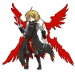  1girl adapted_costume blonde_hair claw_(weapon) cross ex-rumia fang_out mousou multiple_wings pantyhose red_eyes red_wings rumia short_hair simple_background touhou white_background wing_collar wings 
