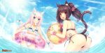  2girls animal_ears ass ball beachball beads bell bikini black_hair blush bracelet braid brown_eyes cat_ears cat_tail chocolat_(sayori) clouds eating flower food hair_ornament heart innertube jewelry long_hair multiple_girls ocean open_mouth original pink_hair popsicle ribbon sayori side-tie_bikini sky sun swimsuit tail twin_braids twintails vanilla_(sayori) 