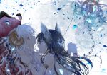  2girls animal_ears black_hair blue_eyes crying crying_with_eyes_open earrings fang highres holding_hands horn jewelry konataeru long_hair multiple_girls open_mouth original petals red_eyes silver_hair tears 