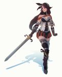  1girl agnes_oblige alternate_costume armor bad_id bad_tumblr_id bravely_default:_flying_fairy bravely_default_(series) breastplate brown_eyes brown_hair corset detached_collar full_body gloves greaves hairband knight koyorin lips long_hair nose small_breasts solo spaulders sword thigh-highs very_long_hair weapon 