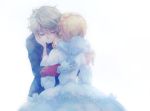  1boy 1girl aldnoah.zero asseylum_vers_allusia blonde_hair closed_eyes dress gloves holding_hands hug jewelry long_hair military military_uniform multiple_boys short_hair silver_hair slaine_troyard smile t0day8 tears uniform white_gloves 