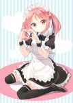  1girl alternate_costume apron black_legwear blush enmaided frilled_apron frills full_body hair_bobbles hair_ornament heart heart_hands hyuuga_azuri kantai_collection maid maid_headdress mary_janes neck_ribbon pink_eyes pink_hair ribbon sazanami_(kantai_collection) shoes short_sleeves sitting smile solo striped striped_background thigh-highs twintails wariza 