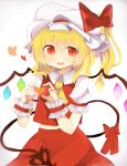  1girl absurdres ascot blonde_hair bow fangs flandre_scarlet hat hat_bow heart heart_hands highres laevatein mirin_(parusuli) mob_cap open_mouth puffy_short_sleeves puffy_sleeves red_eyes shirt short_sleeves side_ponytail skirt skirt_set smile solo touhou vest wings 