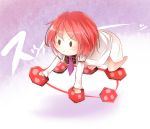  1girl all_fours barefoot bikuseno chibi crawling drum horikawa_raiko instrument jacket mitsudomoe_(shape) necktie plaid plaid_shirt purple_background redhead shirt short_hair skirt smile solo tomoe_(symbol) touhou 