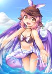  1girl animal_ears bikini blush breasts earrings fingernails fun_bo hat jewelry mystia_lorelei navel open_mouth outstretched_arms outstretched_hand pink_hair short_hair smile solo swimsuit touhou water wings 