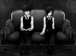  1boy 1girl bad_id bad_pixiv_id book bute_(butegram) copyright_name couch crossed_legs eyepatch greyscale hair_over_one_eye kaneki_ken kirishima_touka monochrome necktie reading short_hair sitting tokyo_ghoul uniform vest 