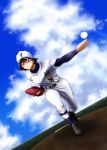  1girl baseball clouds eyelashes highres kijinaka_mahiro looking_at_viewer original shoes sky socks solo tagme throwing 